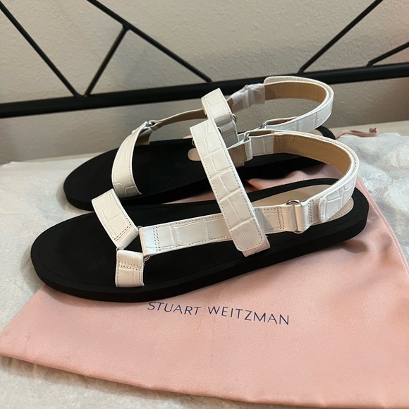 NEW Stuart Weitzman white and black leather croc sandals - Picture 2 of 12